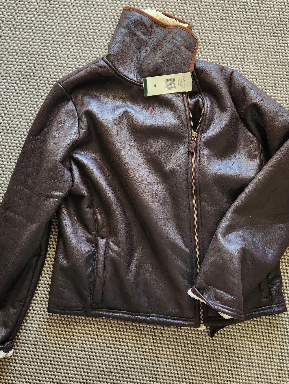 NWT Lauren Ralph Lauren Faux Shearling Aviator Jacket Brown XL Moto Sherpa